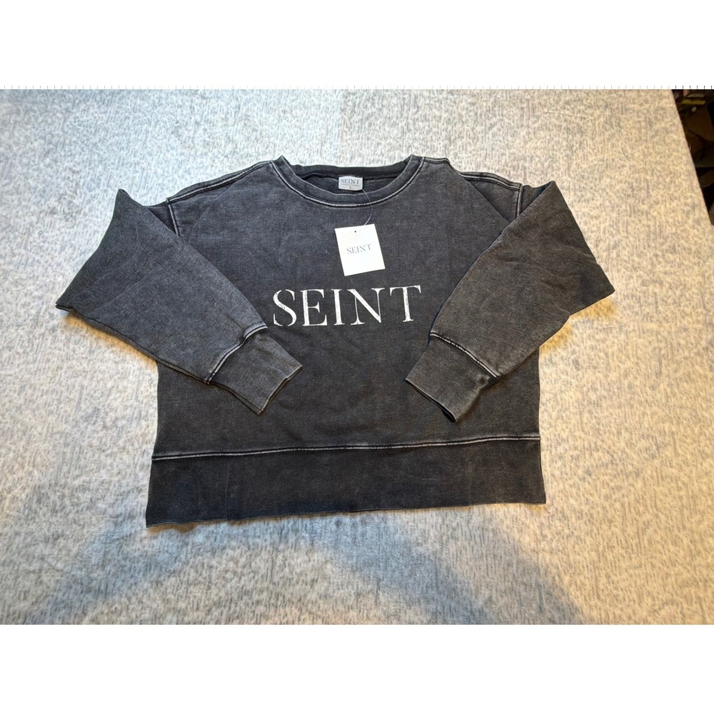 SEINT Distressed Charcoal‎ Gray Graphic Sweatshirt Women's Size S NWT